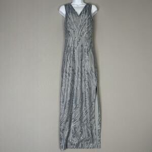JS Collections Rosalynn Dress Women 2 Blue Embroidered Floral V-Neck Column Gown